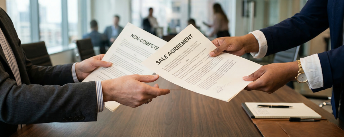Illustration of a non-compete agreement being signed during a small business valuation