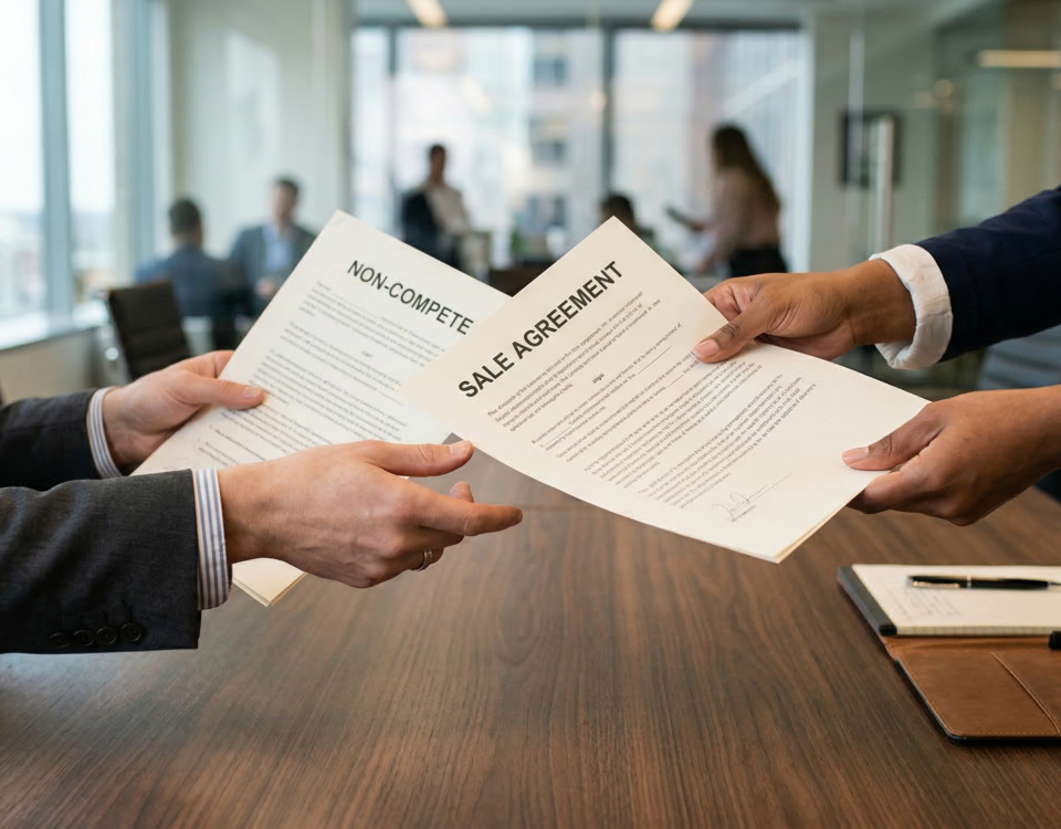 Illustration of a non-compete agreement being signed during a small business valuation