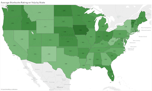 Average Starbucks Rating on Yelp by State